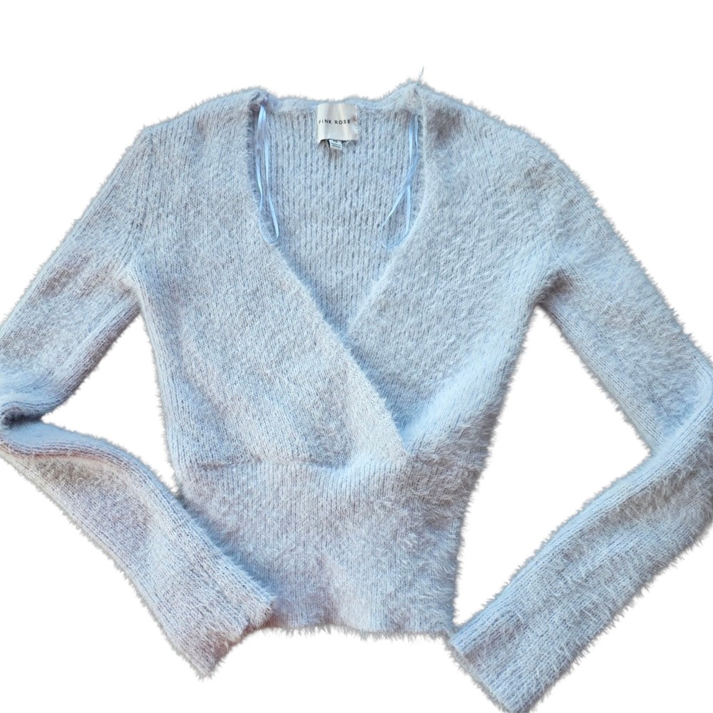 Pink‎ Rose Fluffy Fuzzy Sweater Womens Size Large Powder Blue Y2K  Clueless 1111
